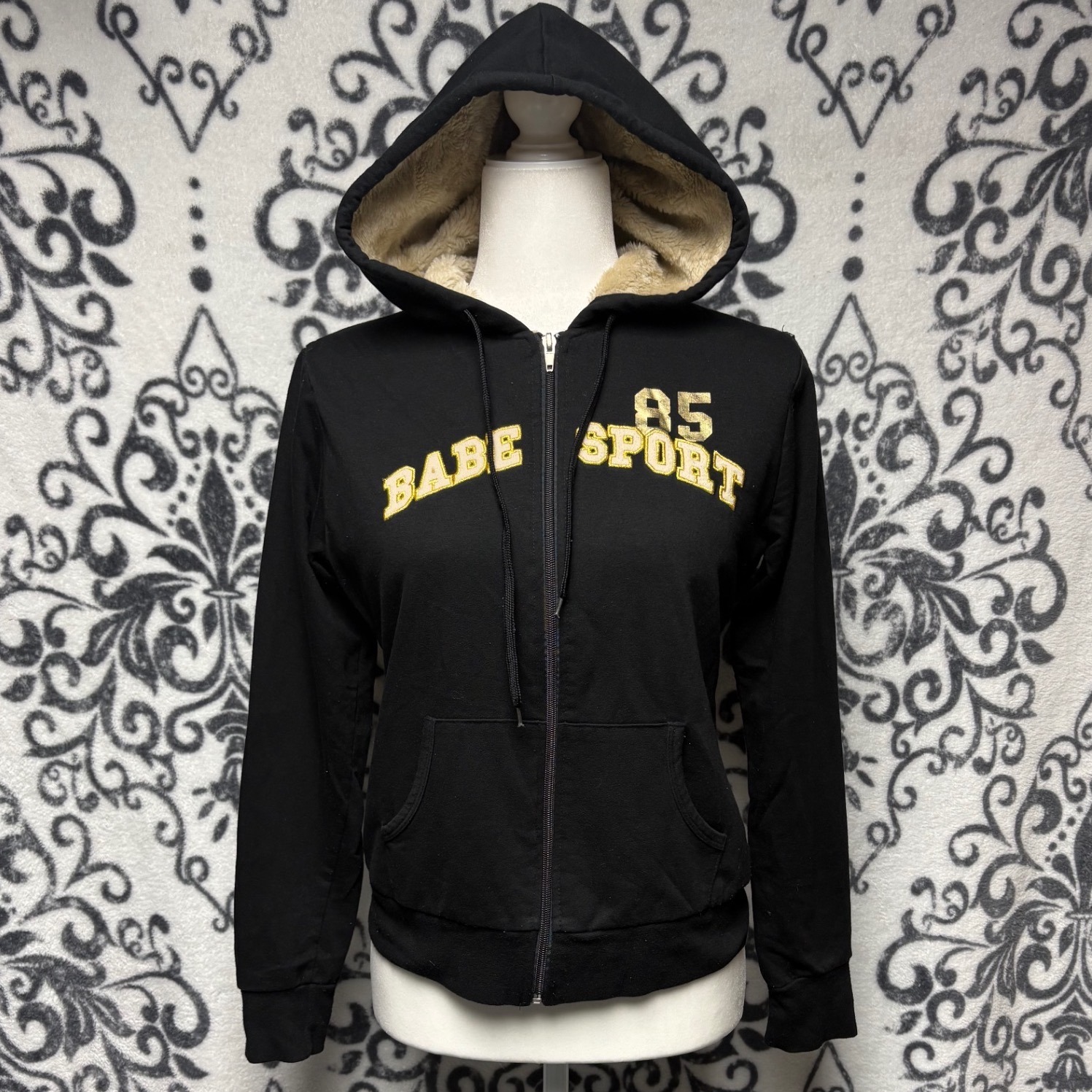 Vtg 00s/Y2k Miss Juliet Babe Sport 85 Faux Fur Lined Zip Up Hoodie Black Yellow
